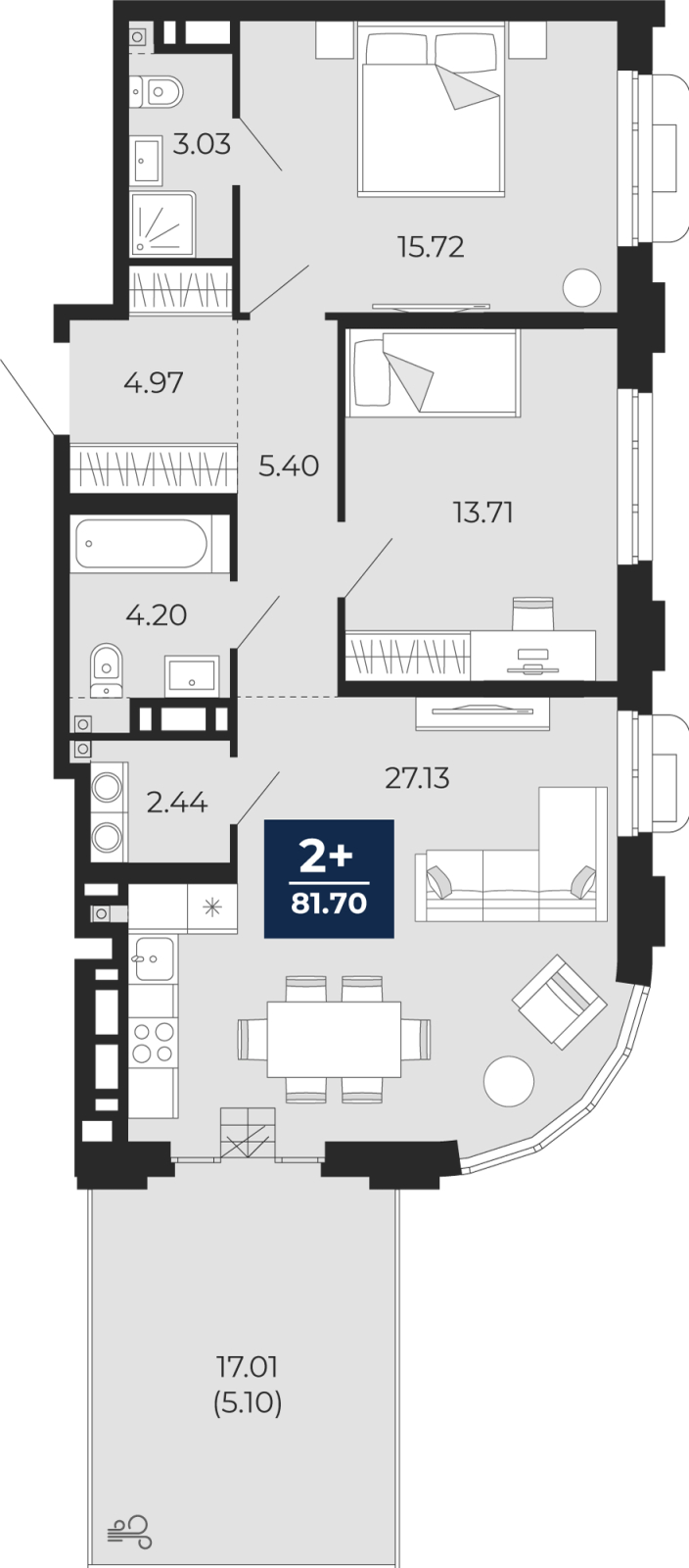 Планировка 2-комн. квартира, 81.7 м² — ЖК «Айвазовский»