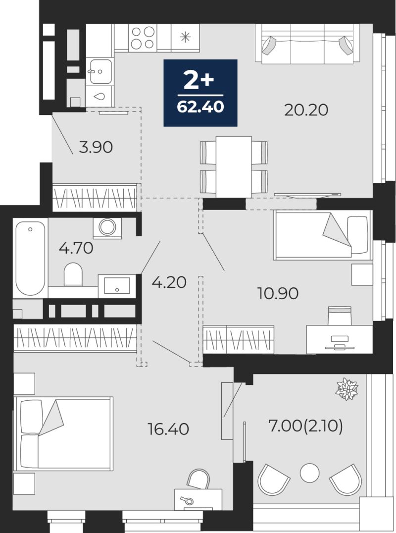 Планировка 2-комн. квартира, 62.4 м² — ЖК «Айвазовский»