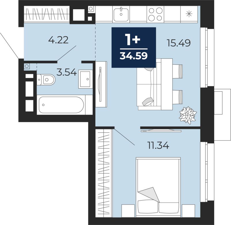 Планировка 1-комн. квартира, 34.6 м² — ЖК «Айвазовский»