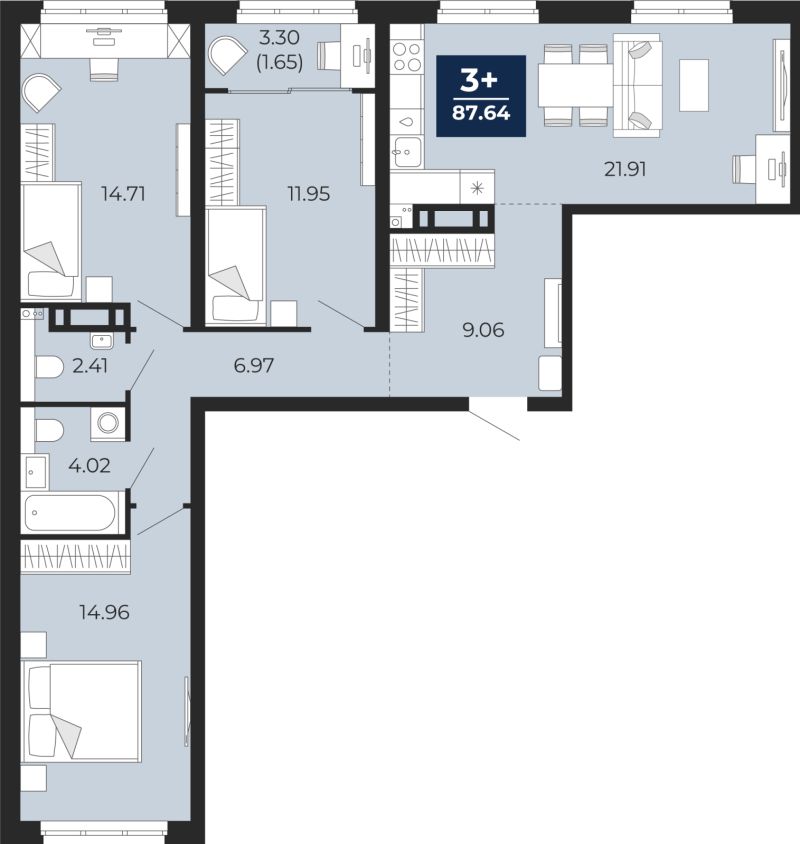 Планировка 3-комн. квартира, 87.6 м² — ЖК «Айвазовский»