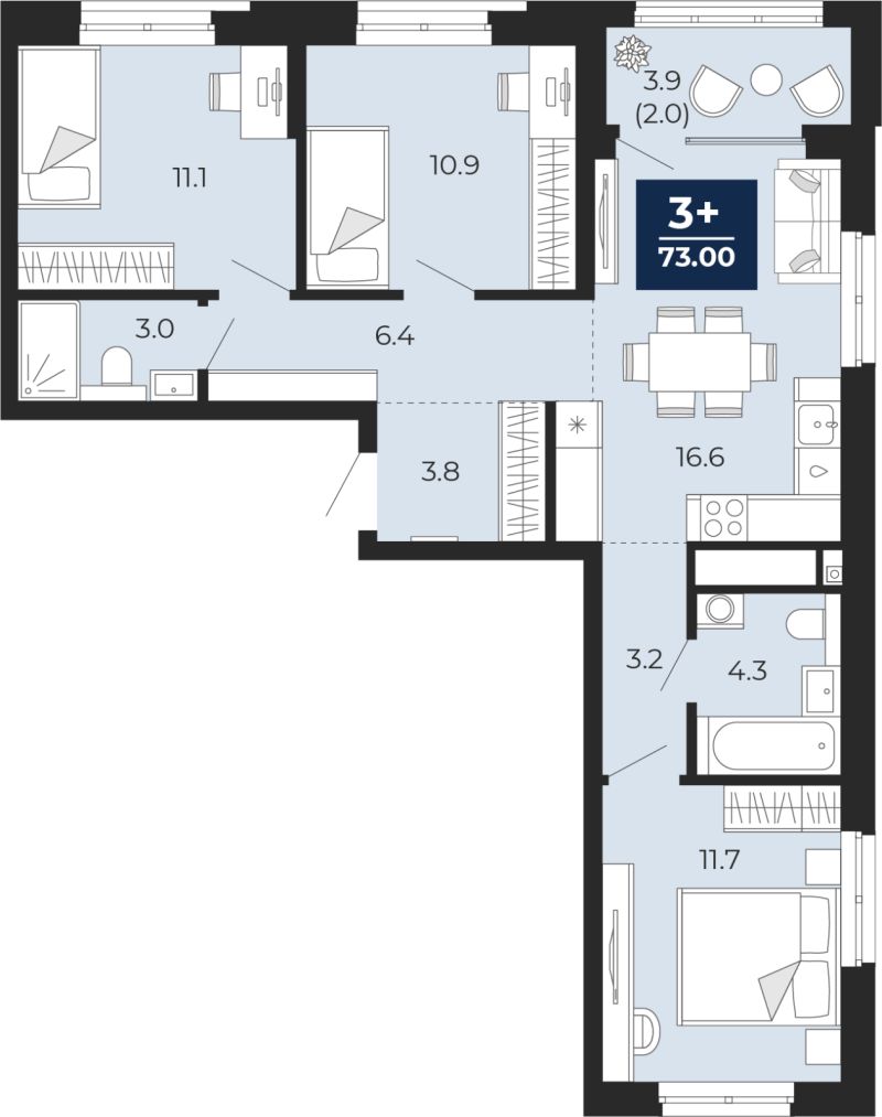 Планировка 3-комн. квартира, 73 м² — ЖК «Айвазовский»