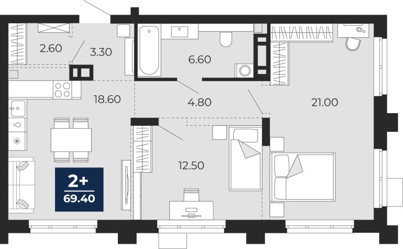 Планировка 2-комн. квартира, 69.4 м² — ЖК «Айвазовский»