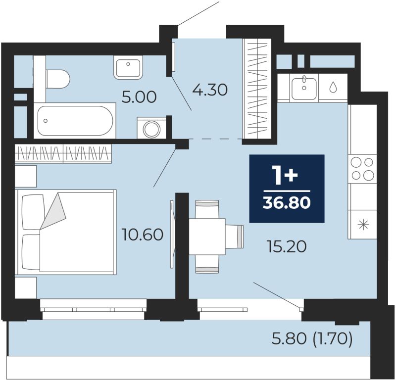 Планировка 1-комн. квартира, 40.9 м² — ЖК «Айвазовский»