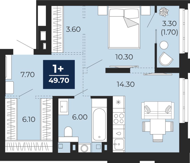 Планировка 1-комн. квартира, 51.3 м² — ЖК «Айвазовский»
