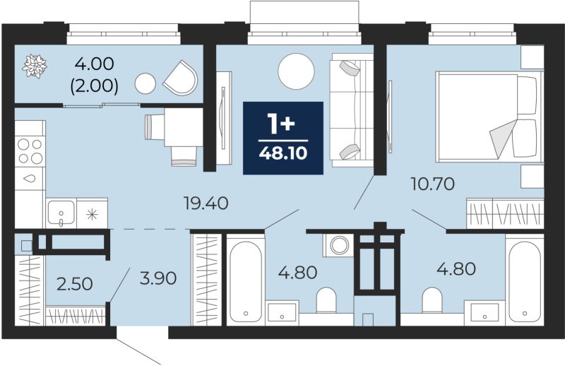 Планировка 1-комн. квартира, 50.1 м² — ЖК «Айвазовский»