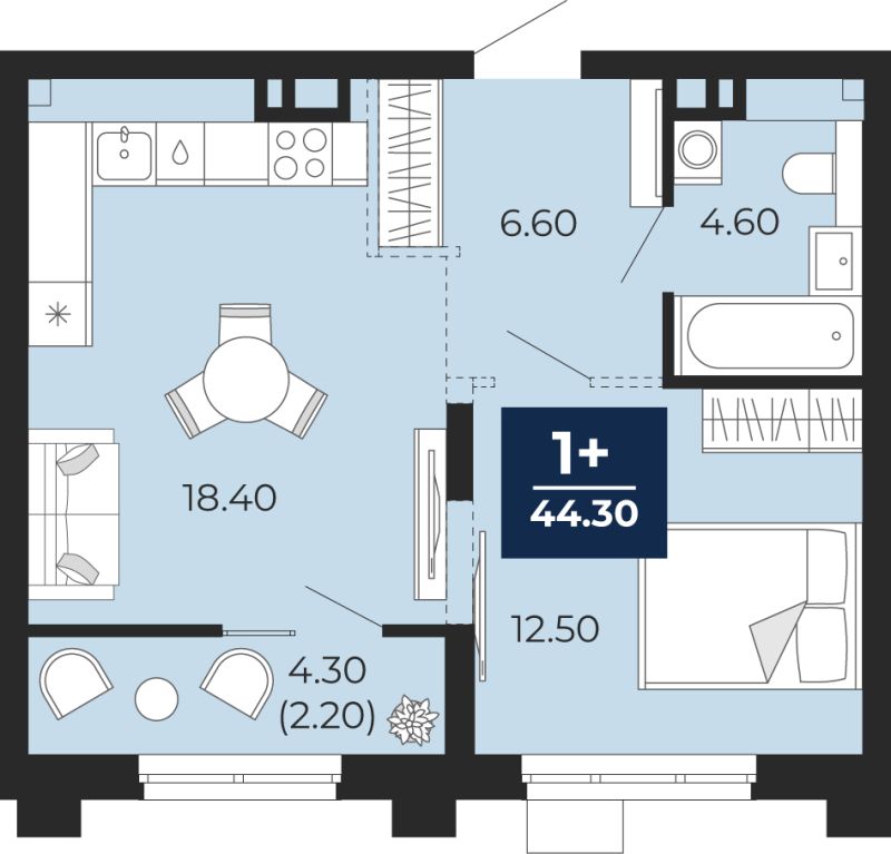 Планировка 1-комн. квартира, 46.4 м² — ЖК «Айвазовский»
