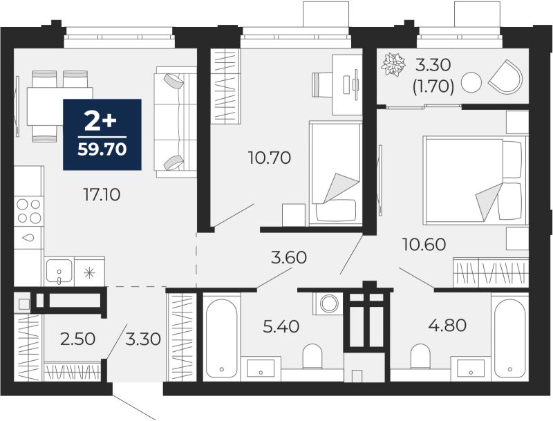 Планировка 2-комн. квартира, 61.3 м² — ЖК «Айвазовский»