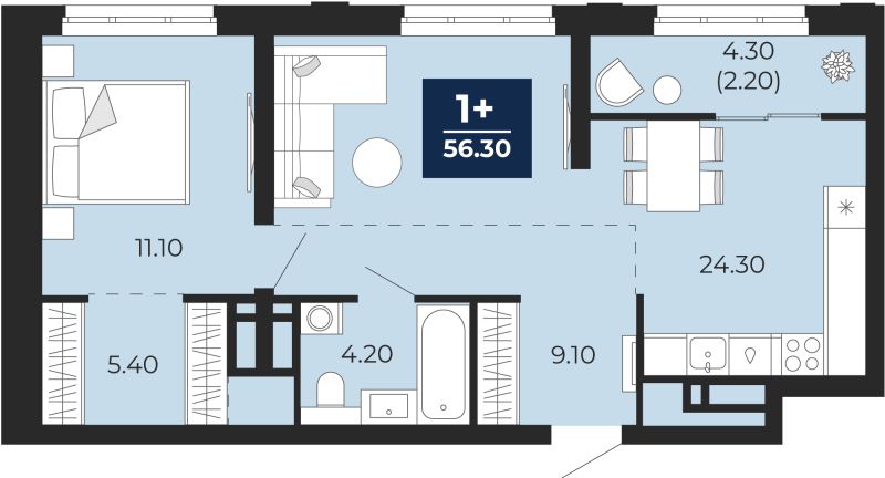 Планировка 1-комн. квартира, 58.4 м² — ЖК «Айвазовский»