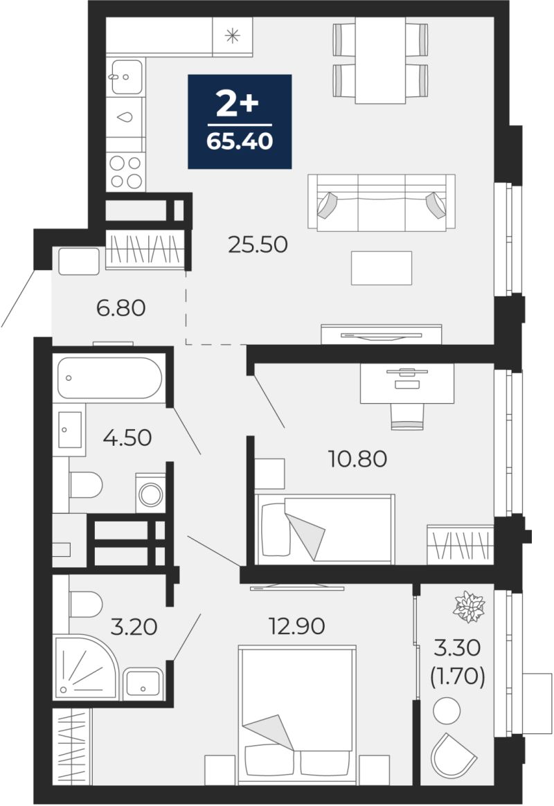 Планировка 2-комн. квартира, 67 м² — ЖК «Айвазовский»