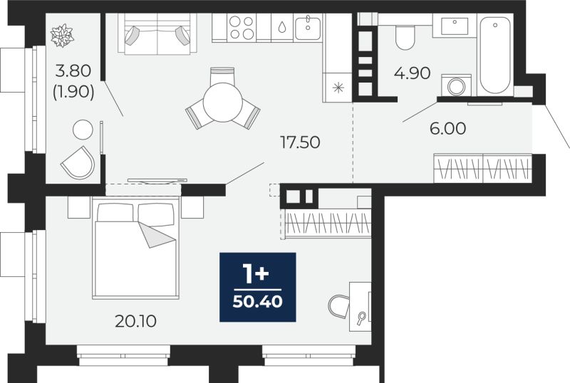 Планировка 1-комн. квартира, 52.3 м² — ЖК «Айвазовский»