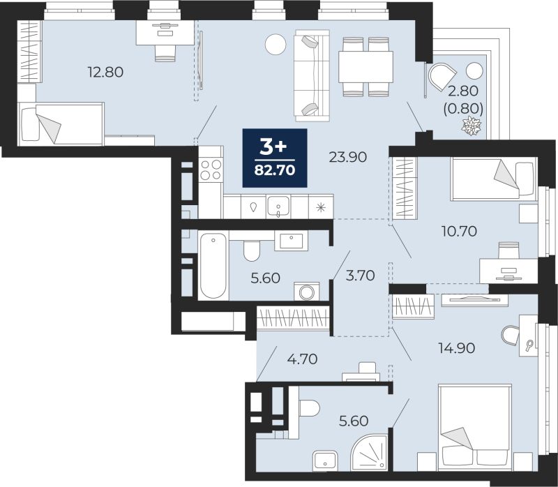 Планировка 3-комн. квартира, 84.7 м² — ЖК «Айвазовский»