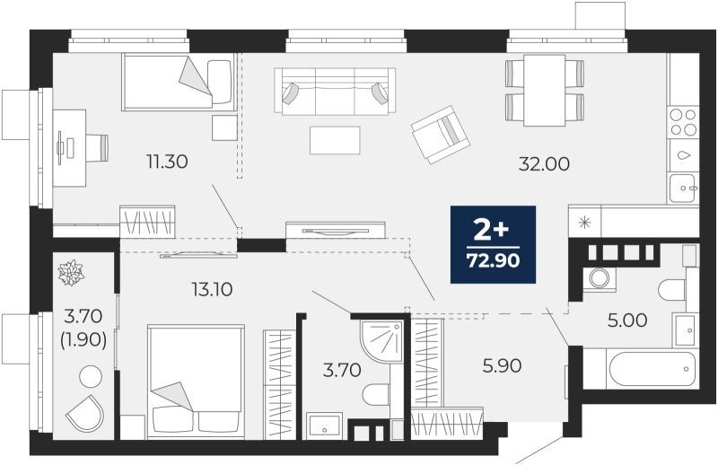 Планировка 2-комн. квартира, 74.7 м² — ЖК «Айвазовский»