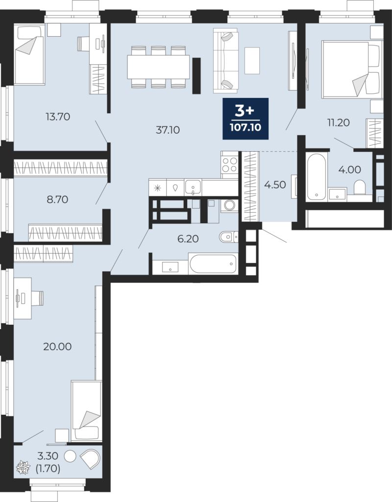 Планировка 3-комн. квартира, 108.7 м² — ЖК «Айвазовский»