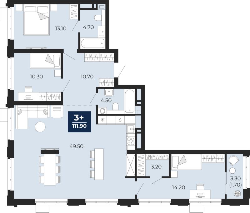 Планировка 3-комн. квартира, 113.5 м² — ЖК «Айвазовский»