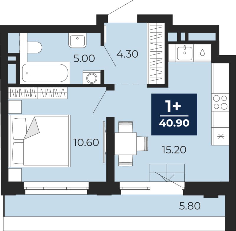 Планировка 1-комн. квартира, 40.9 м² — ЖК «Айвазовский»