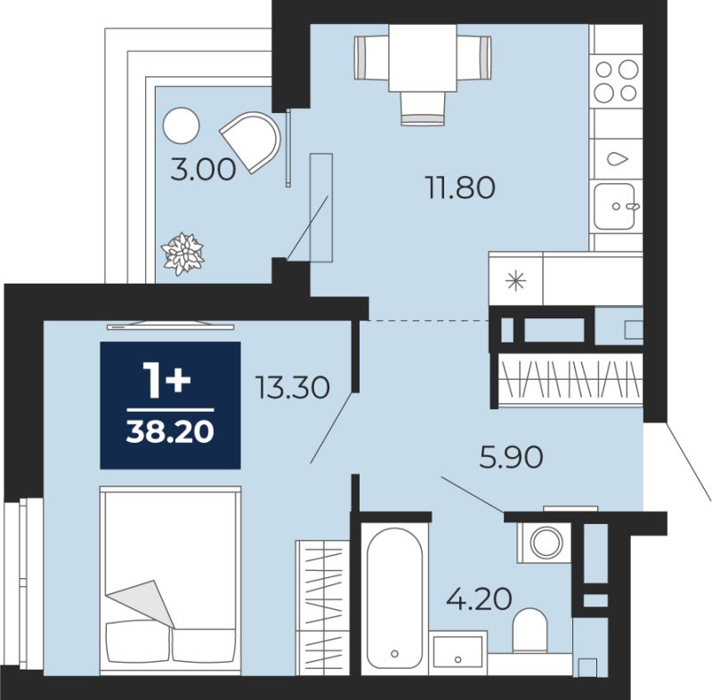 Планировка 1-комн. квартира, 38.2 м² — ЖК «Айвазовский»
