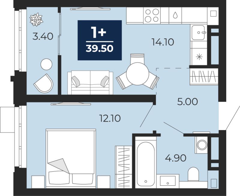 Планировка 1-комн. квартира, 39.5 м² — ЖК «Айвазовский»