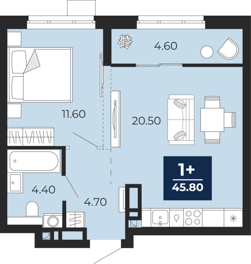 Планировка 1-комн. квартира, 45.8 м² — ЖК «Айвазовский»