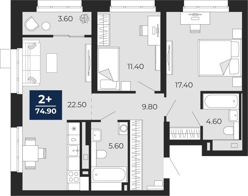 Планировка 2-комн. квартира, 74.9 м² — ЖК «Айвазовский»