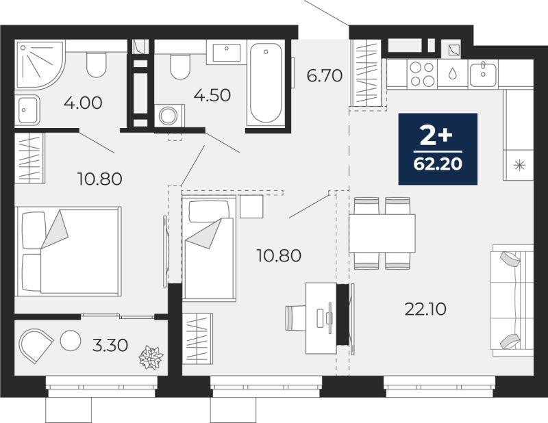 Планировка 2-комн. квартира, 62.2 м² — ЖК «Айвазовский»