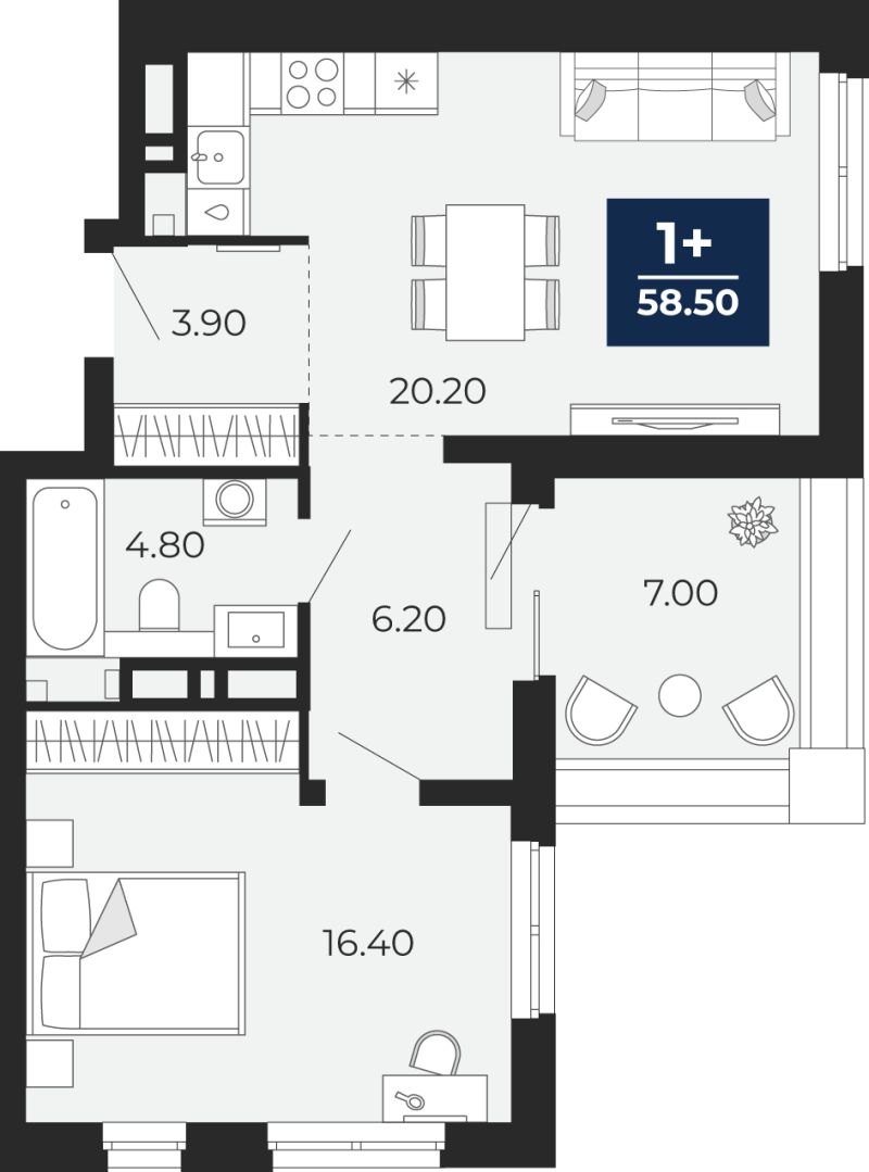 Планировка 1-комн. квартира, 58.5 м² — ЖК «Айвазовский»