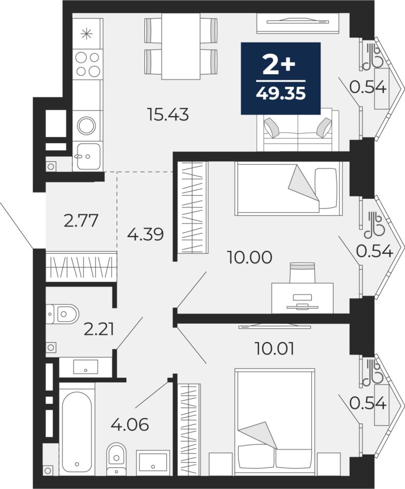 Планировка 2-комн. квартира, 49.4 м² — ЖК «Айвазовский»