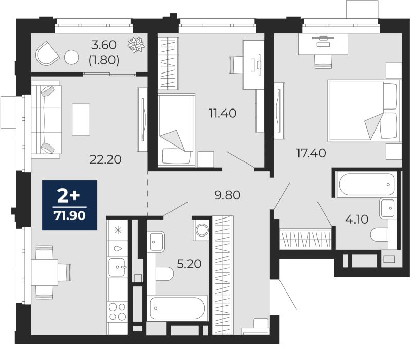 Планировка 2-комн. квартира, 73.7 м² — ЖК «Айвазовский»