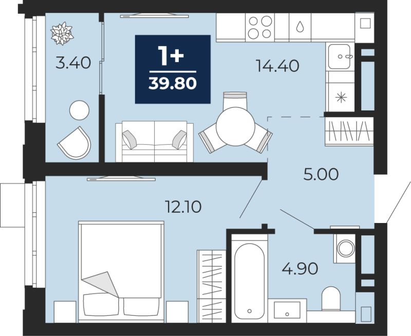 Планировка 1-комн. квартира, 39.8 м² — ЖК «Айвазовский»