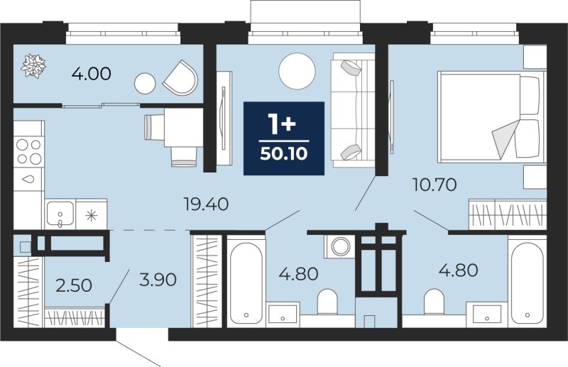 Планировка 1-комн. квартира, 50.1 м² — ЖК «Айвазовский»