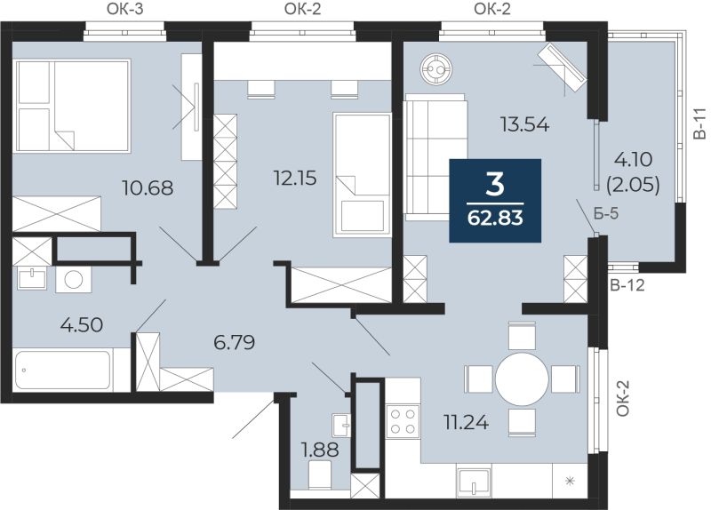 Планировка 3-комн. квартира, 62.8 м² — ЖК «Прео»
