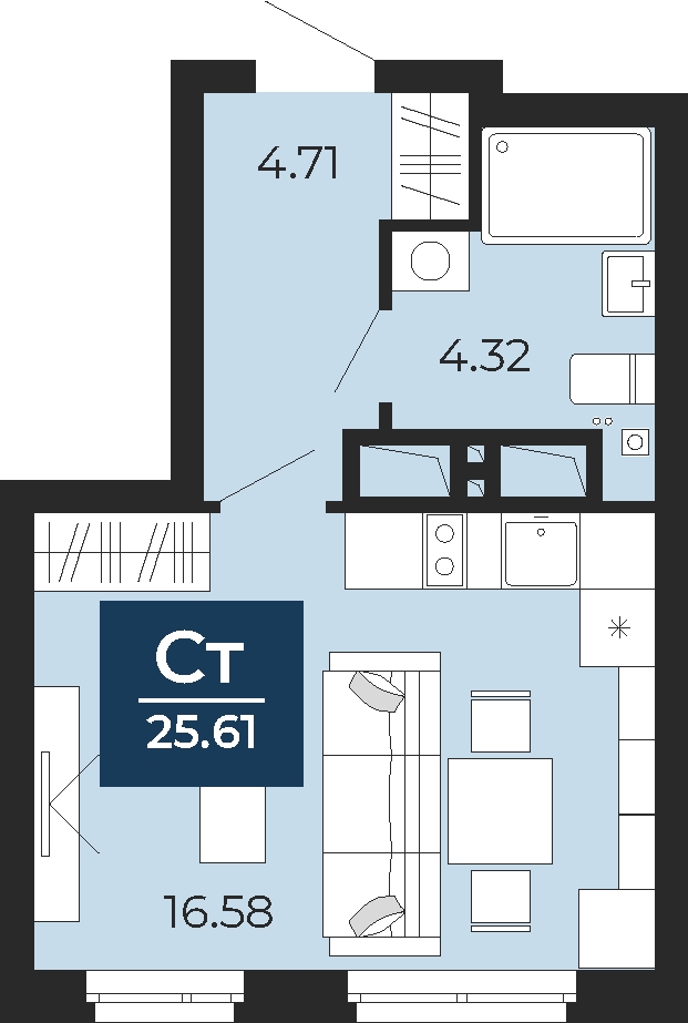 Планировка 1-комн. квартира, 25.6 м² — ЖК «Прео»
