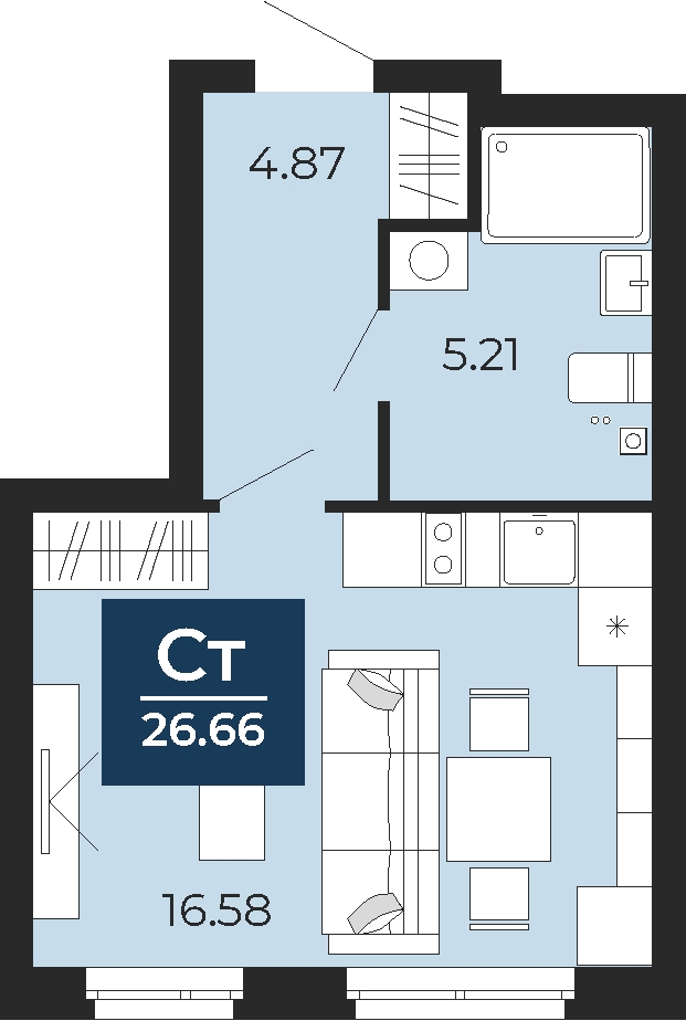 Планировка 1-комн. квартира, 26.7 м² — ЖК «Прео»