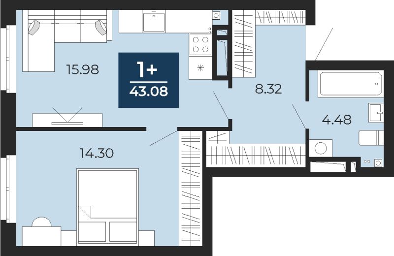 Планировка 1-комн. квартира, 43.1 м² — ЖК «Прео»