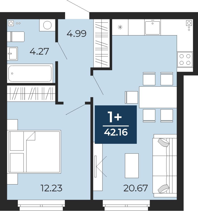 Планировка 1-комн. квартира, 42.2 м² — ЖК «Прео»