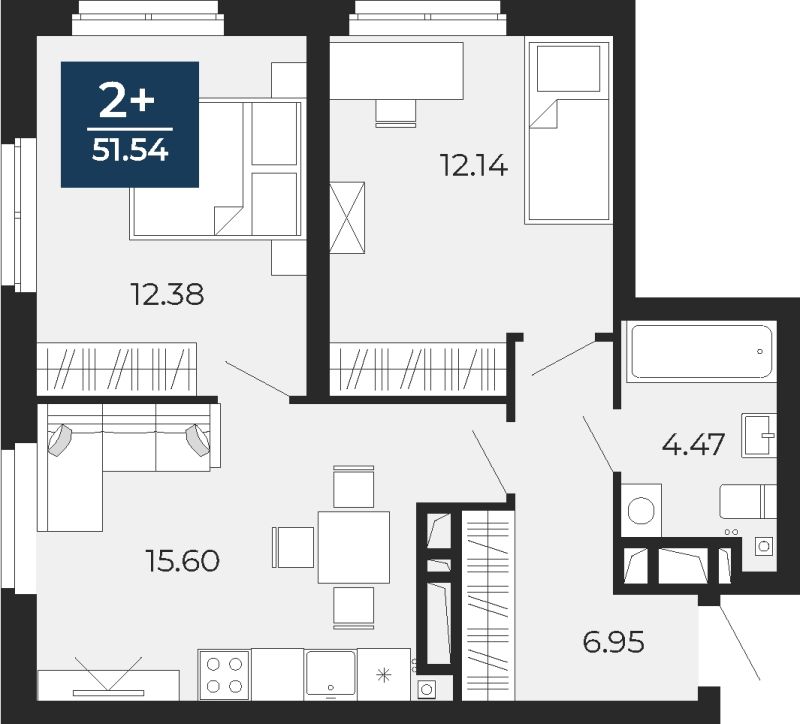 Планировка 2-комн. квартира, 51.5 м² — ЖК «Прео»