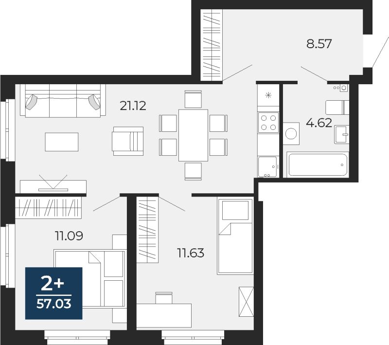 Планировка 2-комн. квартира, 57 м² — ЖК «Прео»