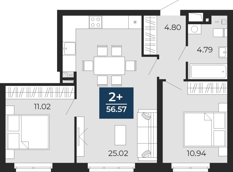 Планировка 2-комн. квартира, 56.6 м² — ЖК «Прео»