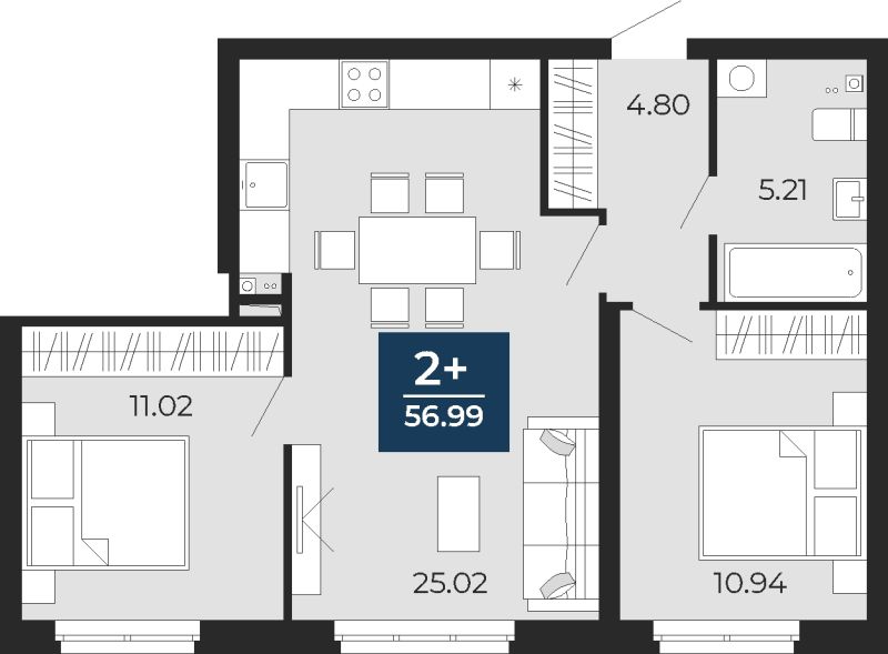 Планировка 2-комн. квартира, 57 м² — ЖК «Прео»