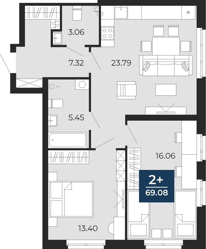 Планировка 2-комн. квартира, 69.1 м² — ЖК «Прео»