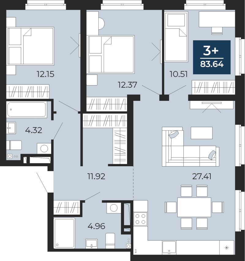 Планировка 3-комн. квартира, 83.6 м² — ЖК «Прео»