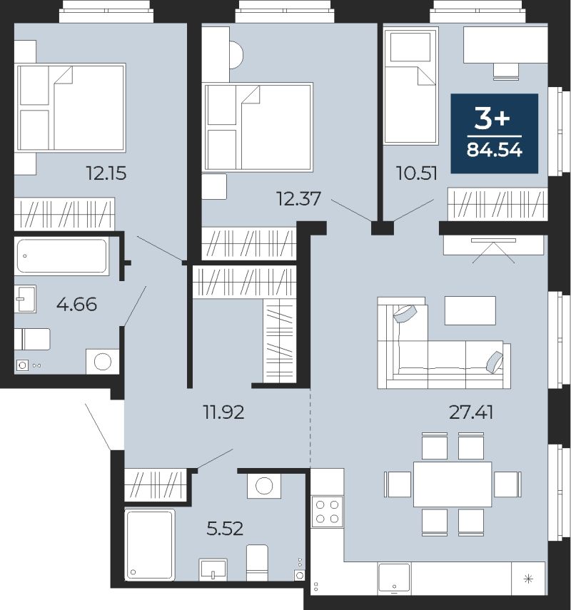 Планировка 3-комн. квартира, 84.5 м² — ЖК «Прео»