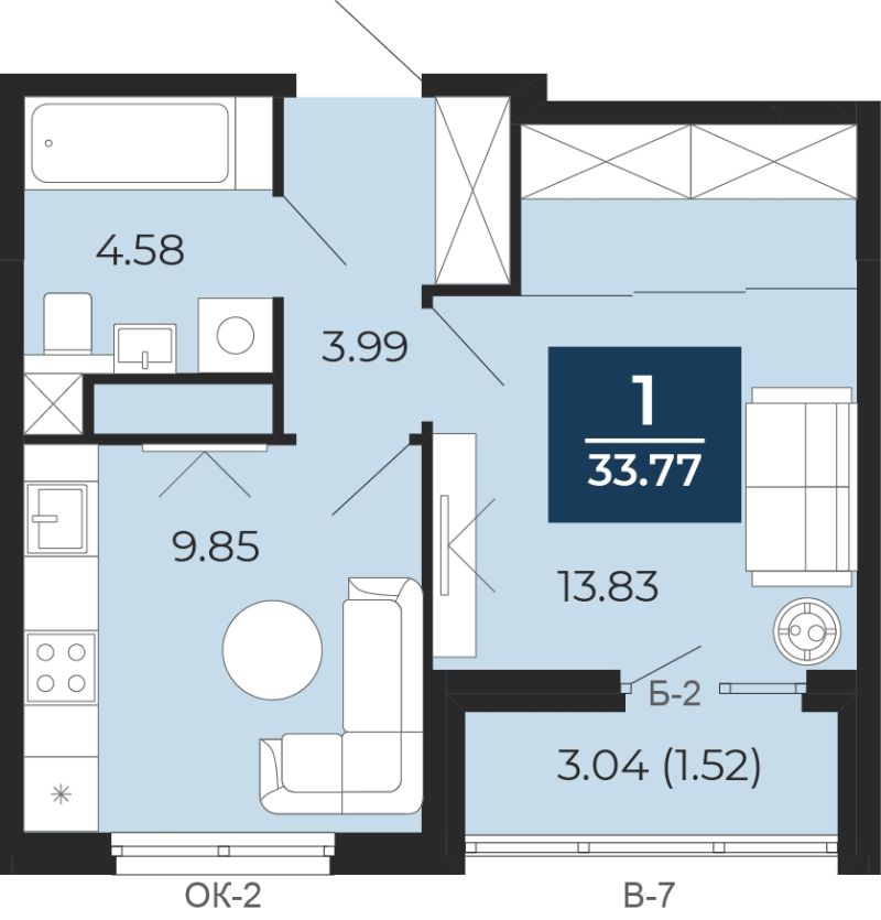 Планировка 1-комн. квартира, 33.8 м² — ЖК «Прео»