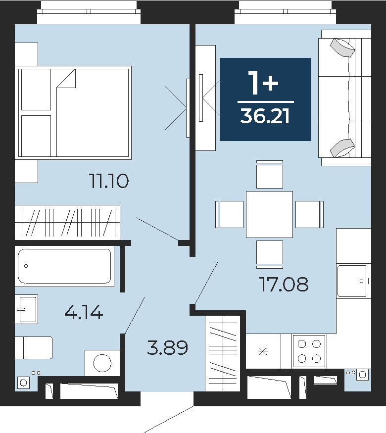 Планировка 1-комн. квартира, 36.2 м² — ЖК «Прео»