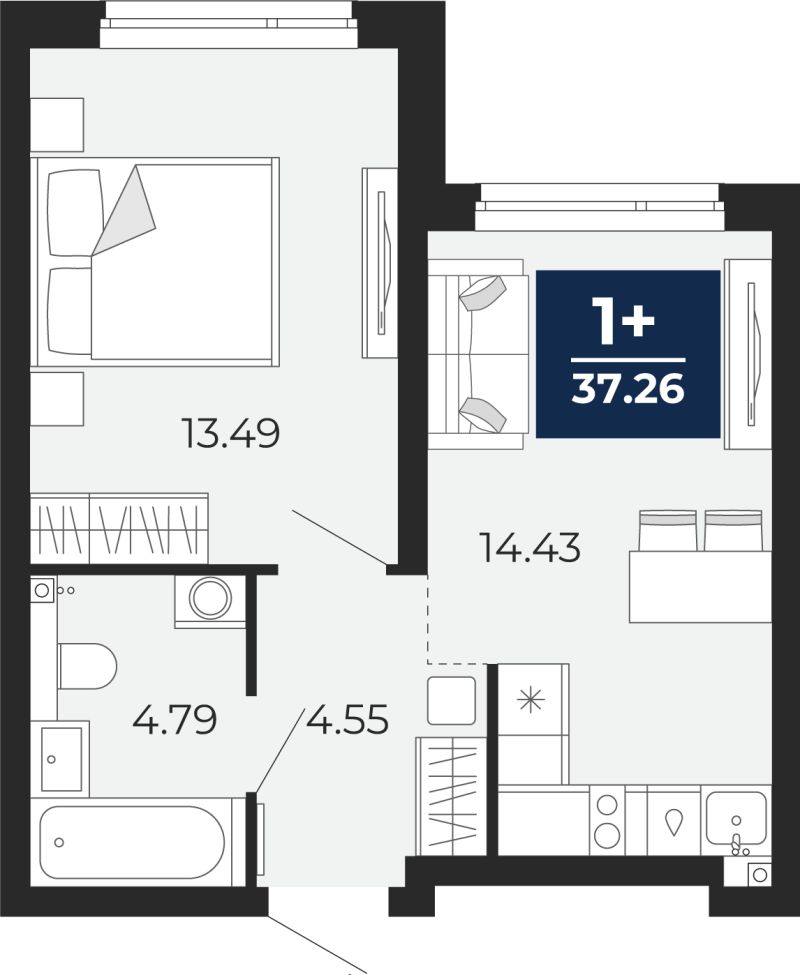 Планировка 1-комн. квартира, 37.3 м² — ЖК «Прео»
