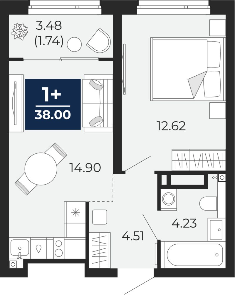 Планировка 1-комн. квартира, 38 м² — ЖК «Прео»