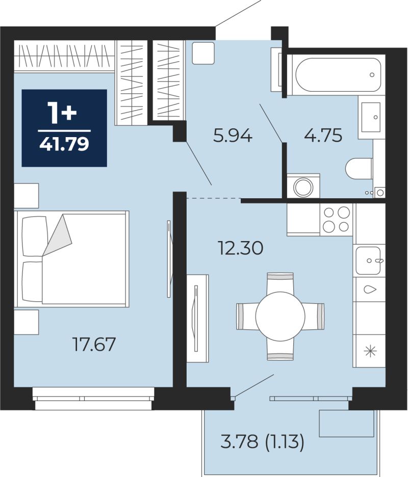 Планировка 1-комн. квартира, 41.8 м² — ЖК «Прео»