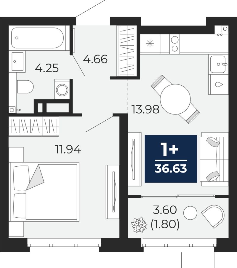 Планировка 1-комн. квартира, 36.6 м² — ЖК «Прео»