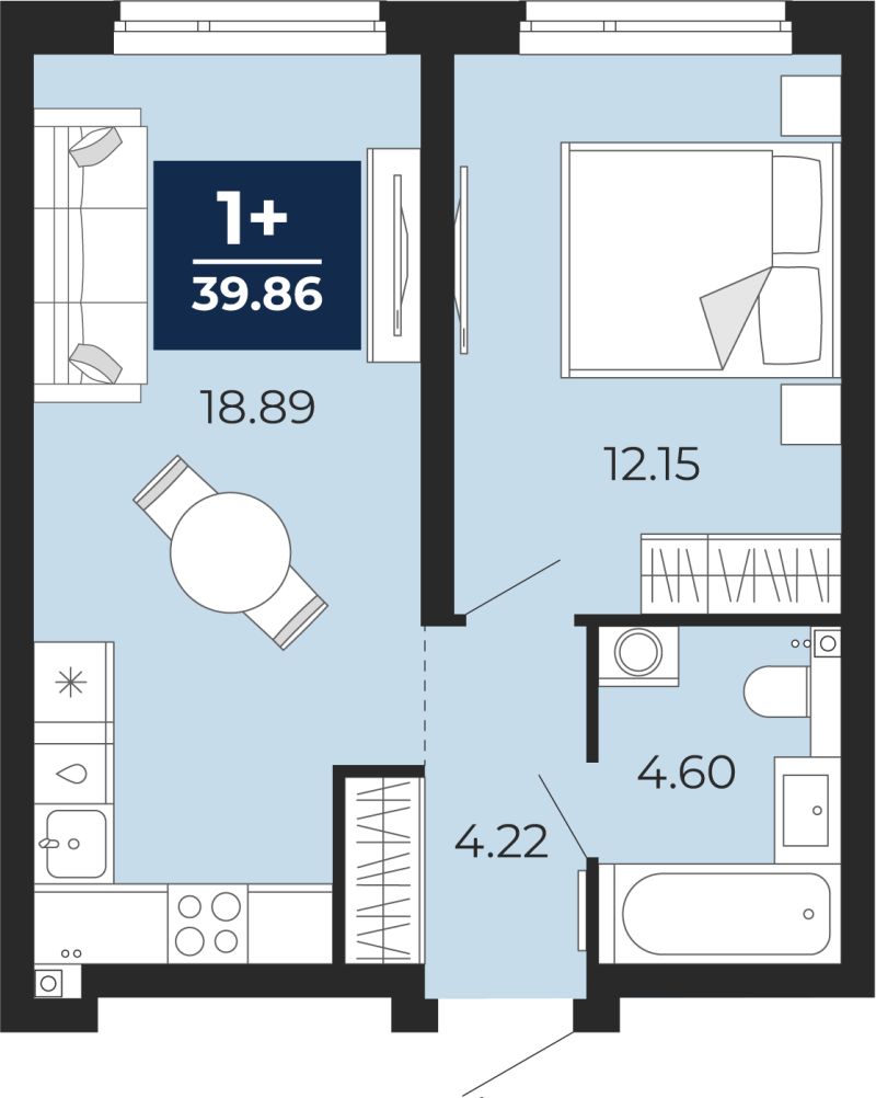 Планировка 1-комн. квартира, 39.9 м² — ЖК «Прео»