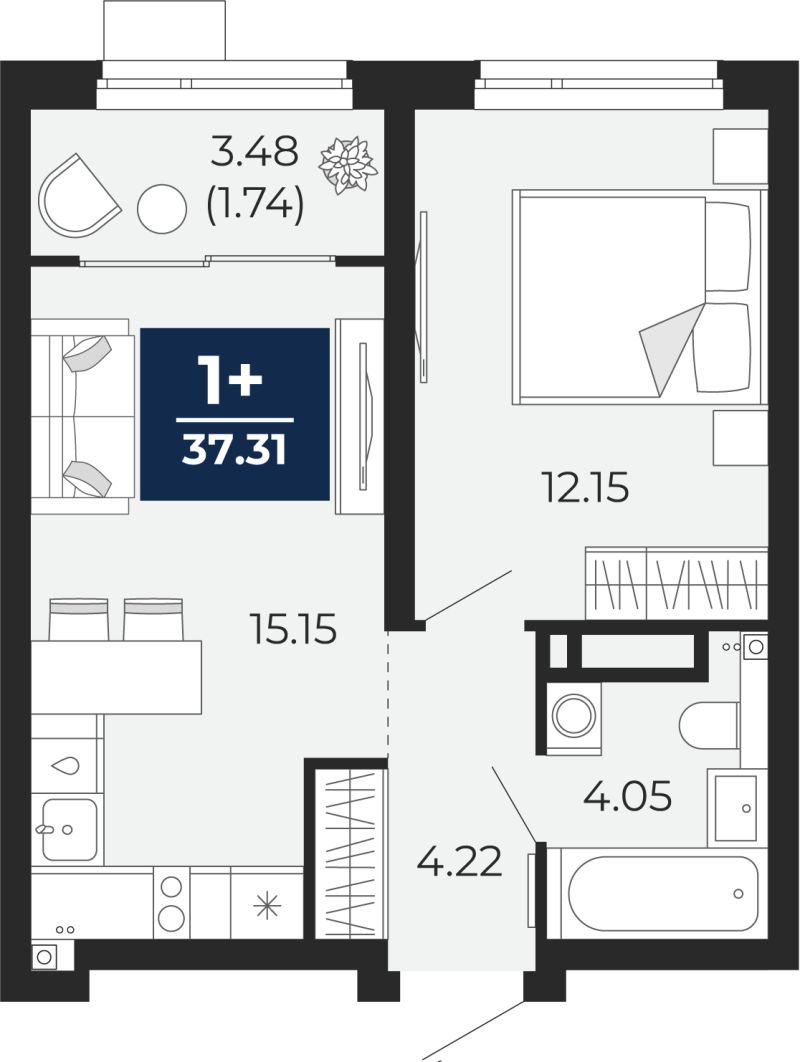 Планировка 1-комн. квартира, 37.3 м² — ЖК «Прео»