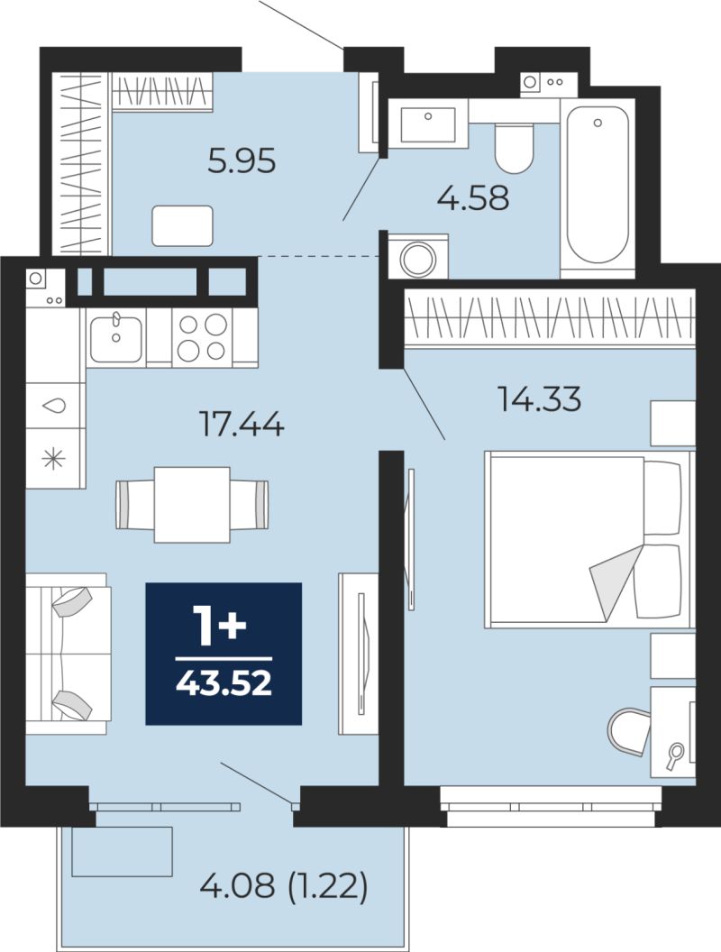 Планировка 1-комн. квартира, 43.5 м² — ЖК «Прео»
